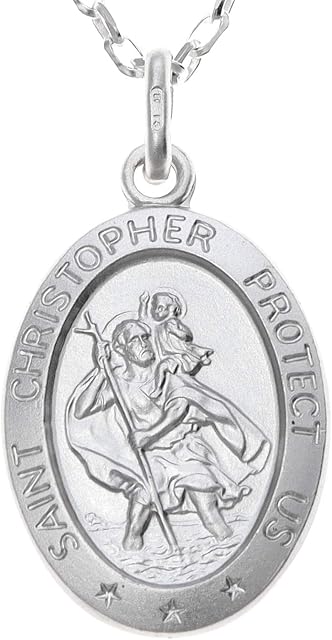 Oval Sterling Silver St Christopher Pendant Necklace with 18" Chain and Jewellery Gift Box - 28mm x 15mm