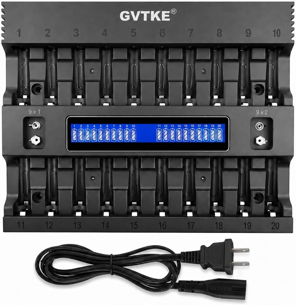 AA AAA Battery Charger,22 Bays Smart Universal LCD Display Battery Charger | 9V Battery Charger,For Team Users,Home,Karaoke,Security Dep.,Patrol Team,2-Year warranty