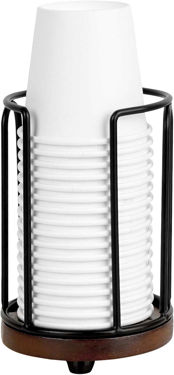 Bathroom Cup Dispenser, 3 oz Mouthwash Cup Holder, Black Metal with Wood Base, Modern Countertop Organizer for Vanity, Guest Bathroom, Coffee Pods or Cotton Rounds