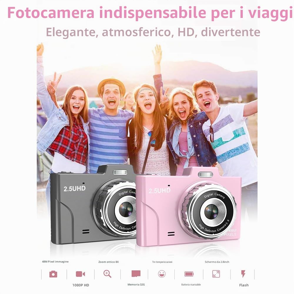 Andoer Fotocamera digitale, 1080P 48MP Fotocamera Compatta, Portatile 2,8 pollici (7,1 cm) Fotocamera Vlogging con Zoom Digitale 8X, Regalo per Ragazzi, Ragazze, Bambini, Adulti, Adolescenti, Studenti