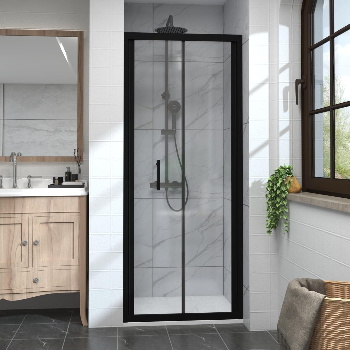 Aquariss 700mm Black Bi-Fold Shower Door Enclosure Reversible 6mm Safety Glass Cubicle Door with Aluminium Frame