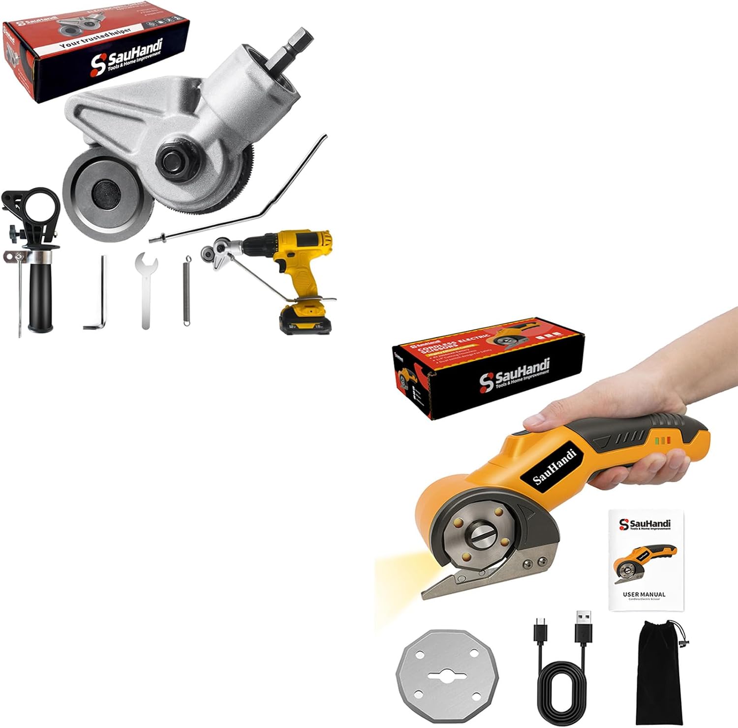 SauHandi Cordless Electric Scissors,4V Cardboard Cutter, Box Cutter Fabric Scissor with 2 Blades & Storage Bag,Rechargeable Rotary Cutters for Fabric,Carpet,Leather