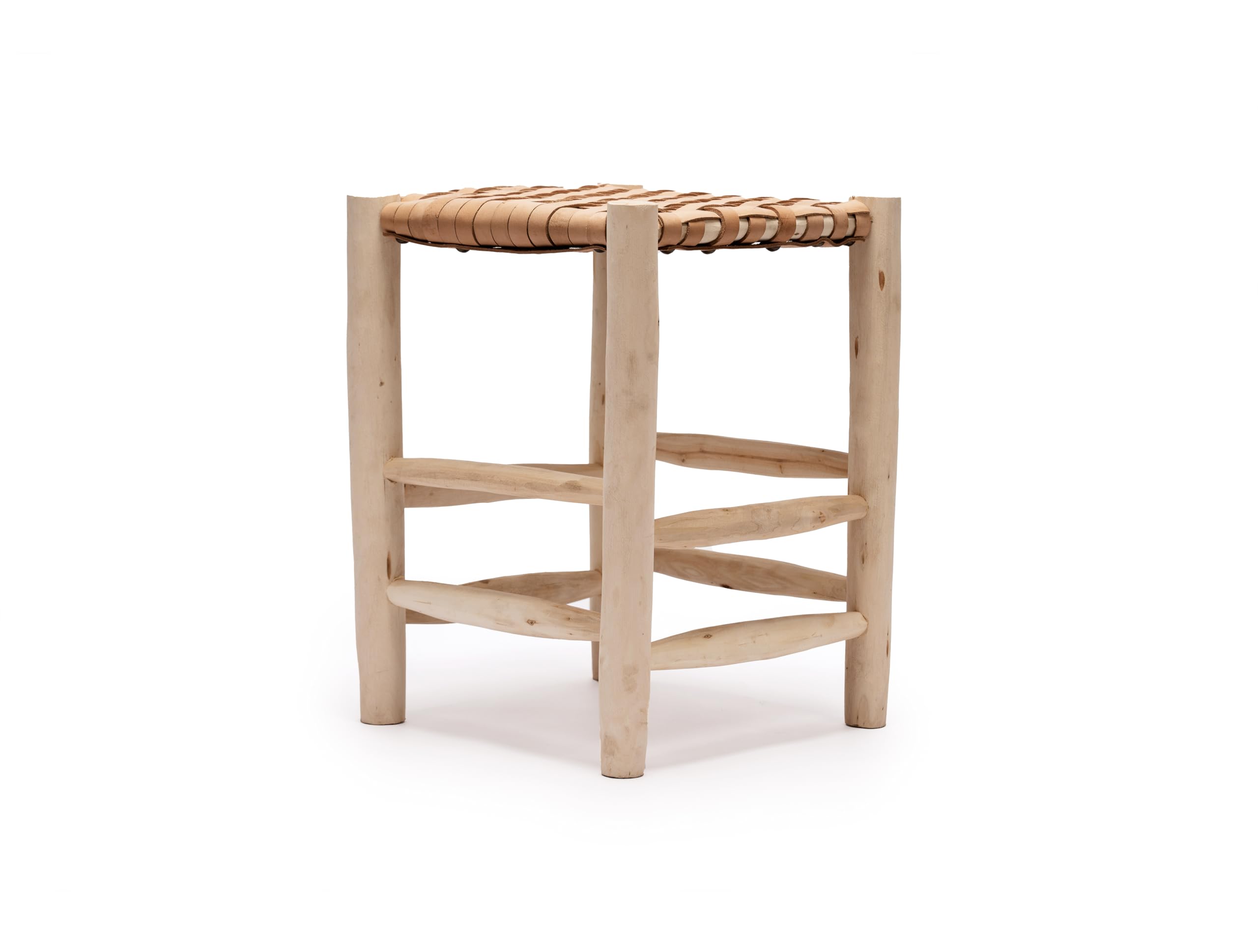Taburete Marroquí con Asiento de Cuero Trenzado, Madera Natural, 35x35x40 cm. Taburete de Madera, Artesanal.