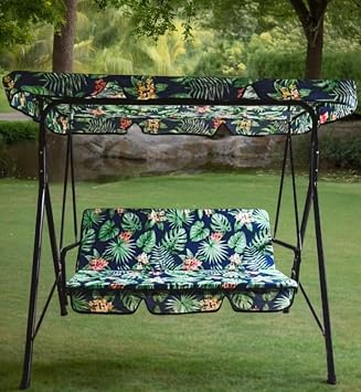 Shaded Balcony Swing with Luxury Fabric Green Leaf Pattern - Garden Swing
