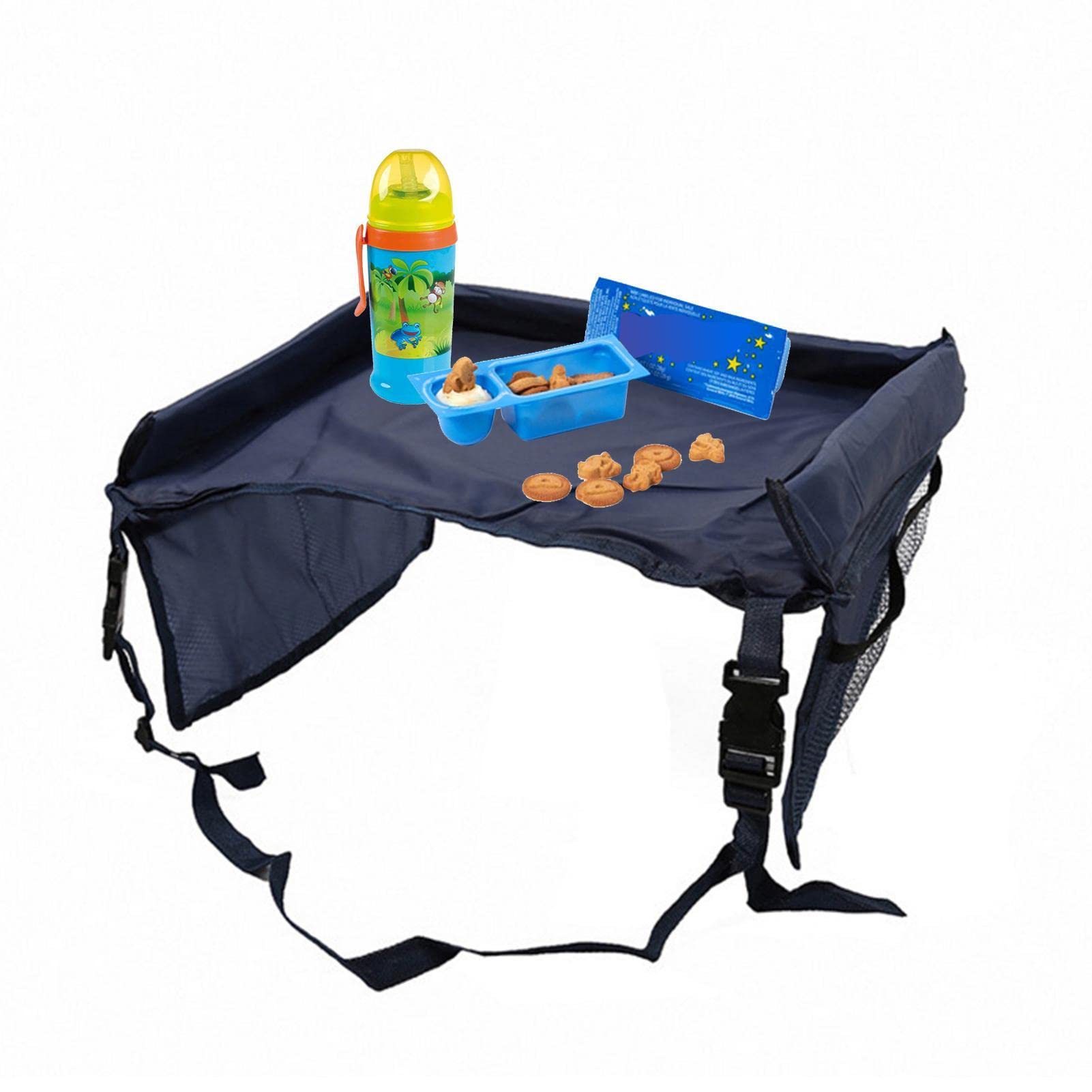 Stronrive Navy Kids Travel Tray, Kids Travel Tray, Toddler Car Seat Lap Tray, Snack And Travel Tray, Car Seat Organizer Kids Drawing Board With Waterproof Nylon, Mesh Side Pockets, Water Bottle
