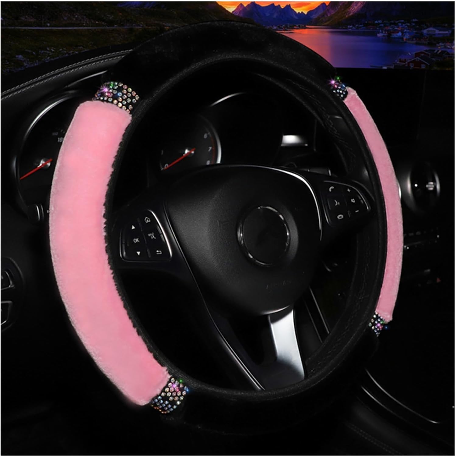Car Steering Wheel Covers 37-38cm Diameter Soft Rhinestone Car Steering Wheel Cover Interior Accessories Black Pink Wheel Steering Protector(Beige)