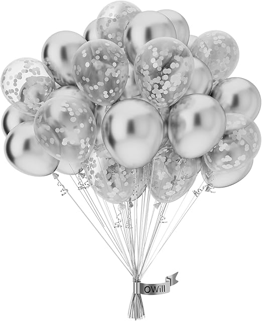 OWill Silver and Confetti Balloons,50 pcs 10 Inch Silver and Confetti Balloons, Silver and Confetti Balloons Latex Balloons for Wedding, Birthday,Party Decorations