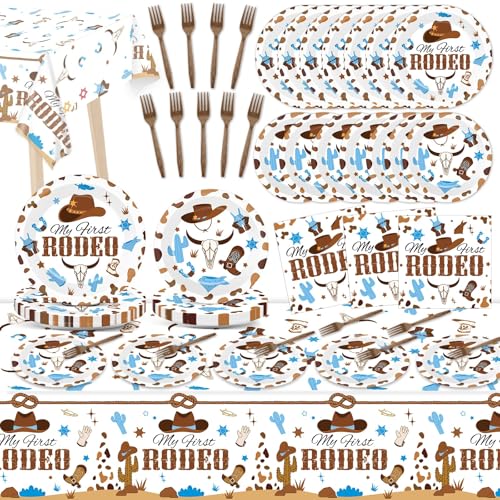 Image of gisgfim 24 Guests My First Rodeo Plates and Napkins First Rodeo Paper Plates Birthday Party Supplies Western Blue Cowboy 1st Rodeo Party Birthday Tableware Set Decorations for Boy Baby Shower 98PCS