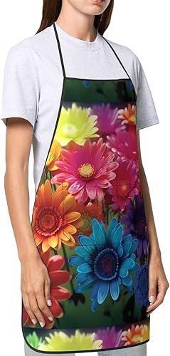 Miniatura 2 de Unisex Apron With Pocket, Rainbow Flowers Chef Apron For Cooking, Bbq & Crafts, Spillproof Kitchen Protection Bib With Large Utility Pocket For