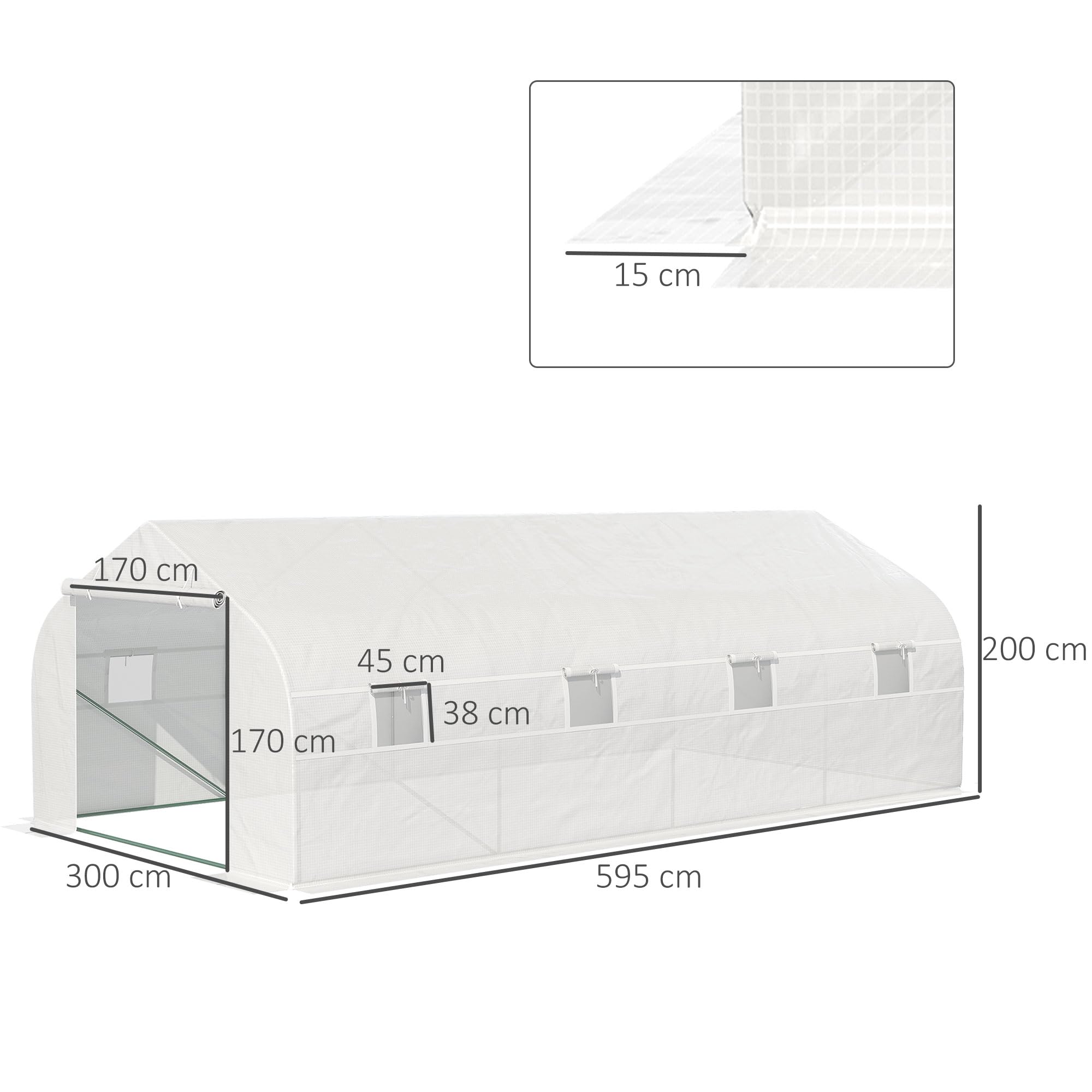 Outsunny Serre Tunnel de Jardin 18 m² dim. 5,95L x 3l x 2H m Porte + 8 fenêtres enroulables Acier galvanisé bâche PE Haute densité Blanc