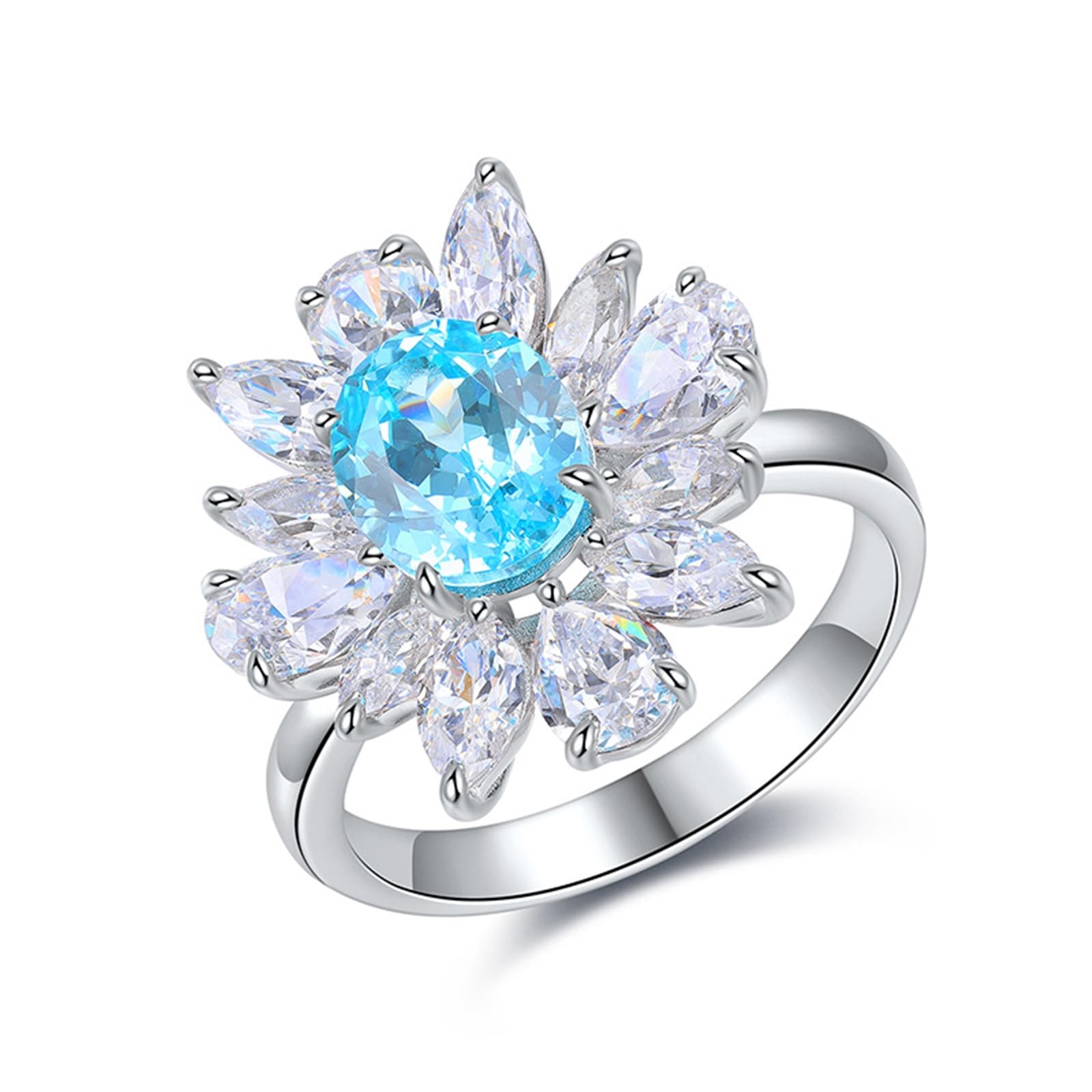 Anillo de compromiso de plata de ley para mujer, diseño de flor de moissanita y turmalina paraiba creada en laboratorio
