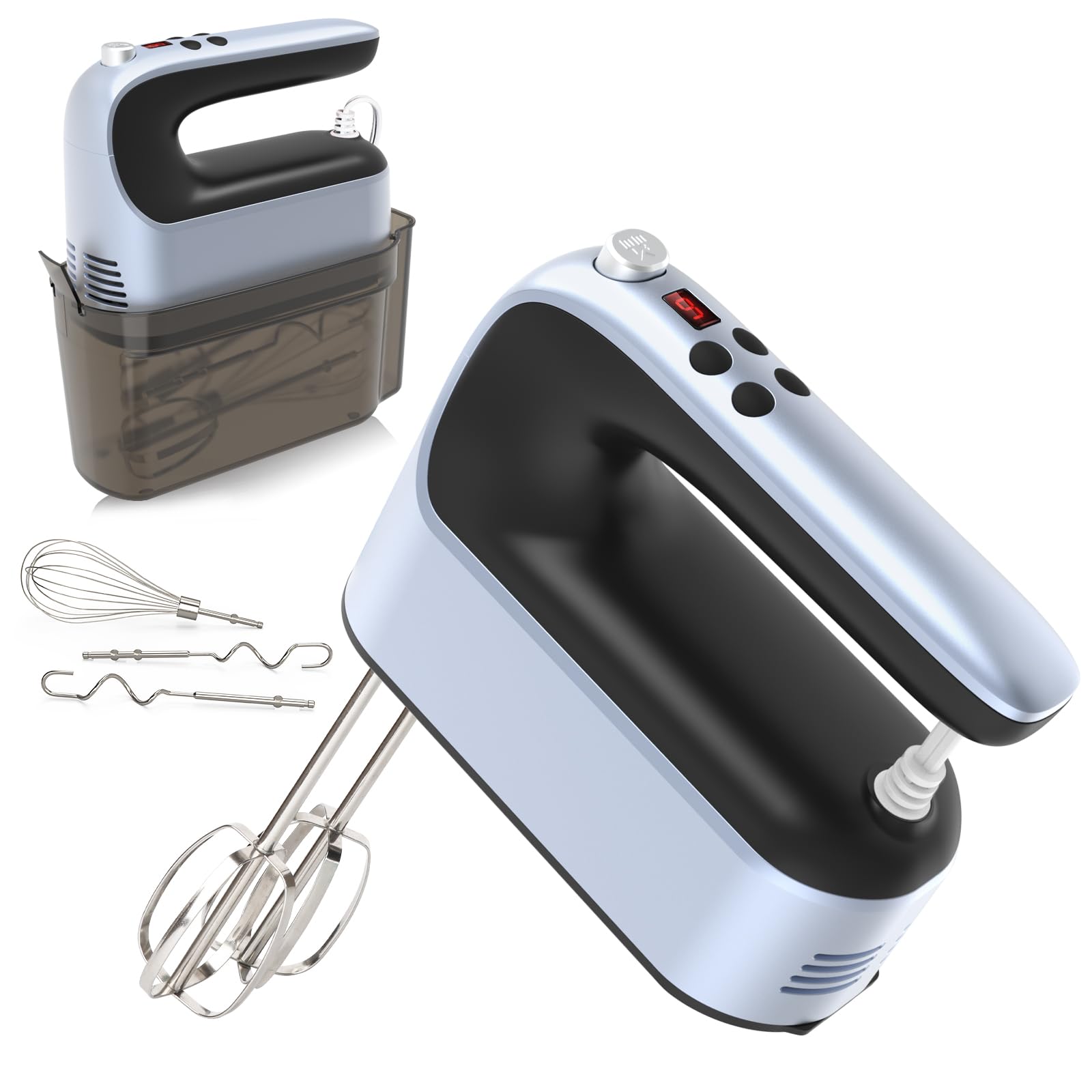 Yomelo 9-Speed Digital Hand Mixer Electric, 400W Powerful DC Motor, Hand Mixer Electric Handheld with Snap-On Storage Case, 5 Stainless Steel Accessories, Beaters, Dough Hooks, Whisk(Ocean Blue)
