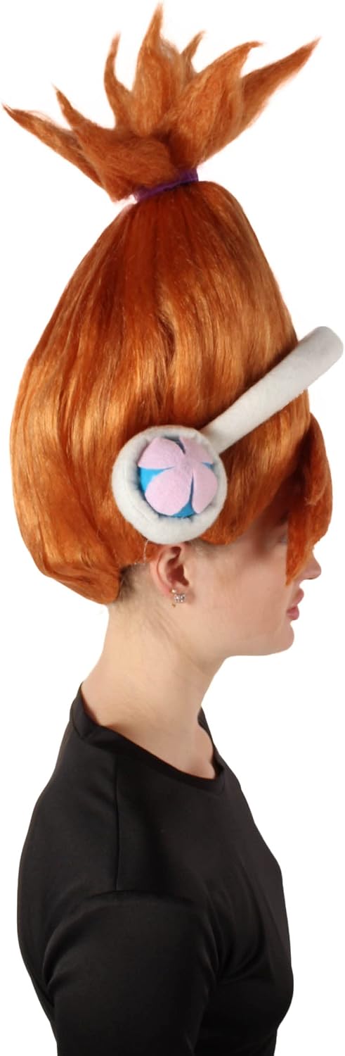 HPO Adult Women's Animated DJ Troll Orange Wig with White Costume Earphones, Synthetic Soft Fiber hair, Perfect for your next Festival and Holiday Party!