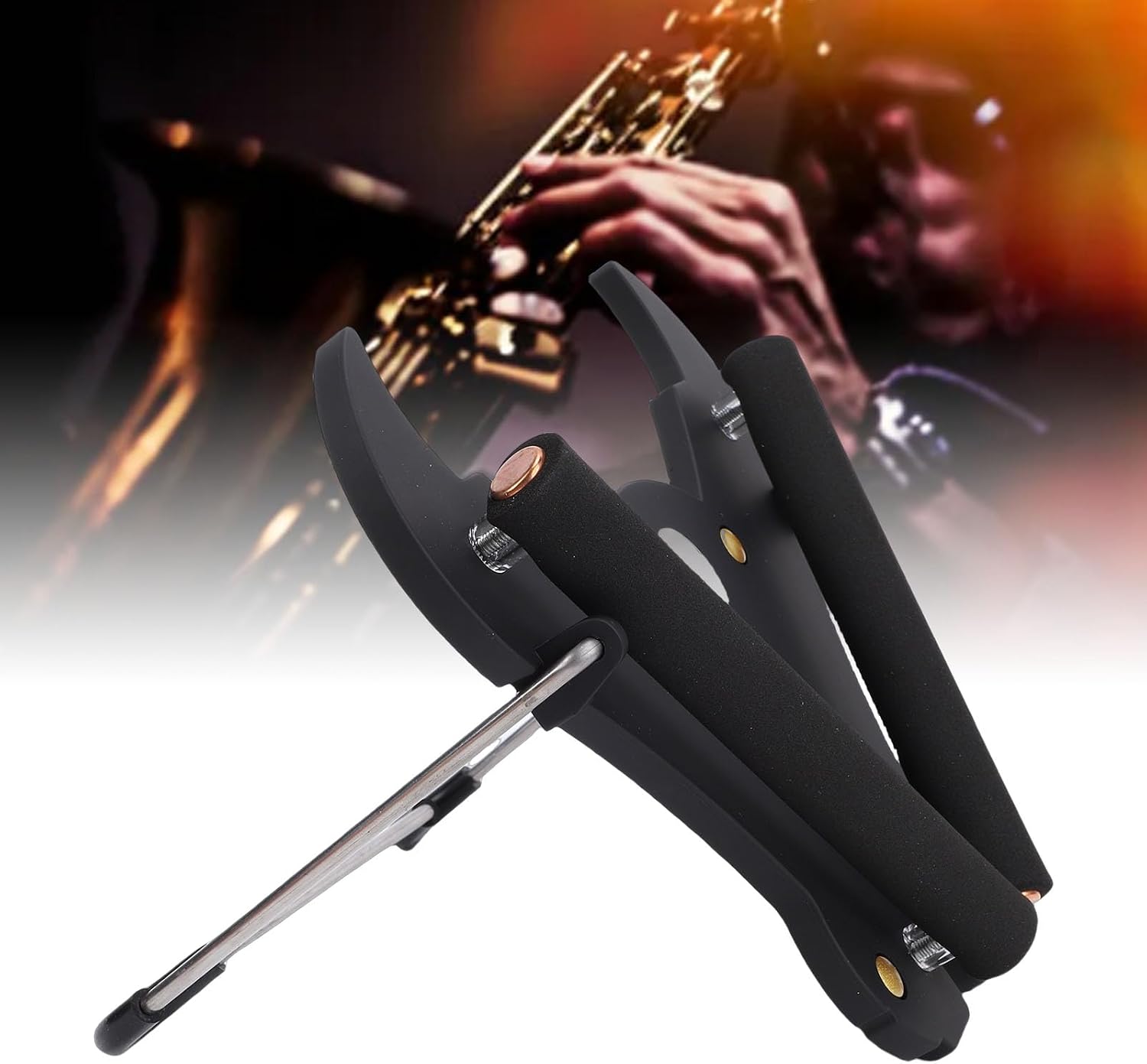 SUNGOOYUE Folding Saxophone Stand, Portable Adjustable Alto Tenor Sax Holder Rack with Soft Padded Support Arm for Musical Instrument Display Storage, Black