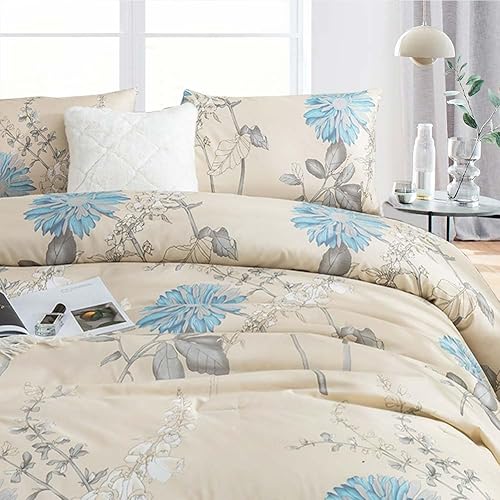 Miniatura 4 de ETDIFFE Juego de edredón beige tamaño Queen, 3 piezas de ramas marrones y flores azules, juego de ropa de cama con estampado floral blanco roto,