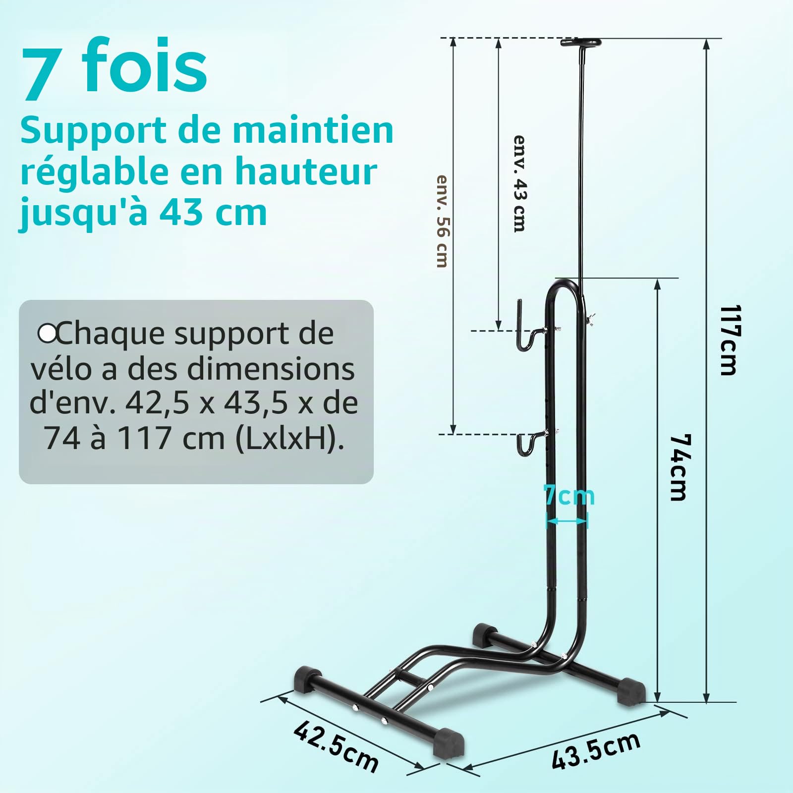 Lot de 2 béquilles de vélo 3 en 1 au sol 20 à 27.5 pouces Support de maintenance horizontal et vertical, hauteur réglable, convient pour roue avant ou roue arrière