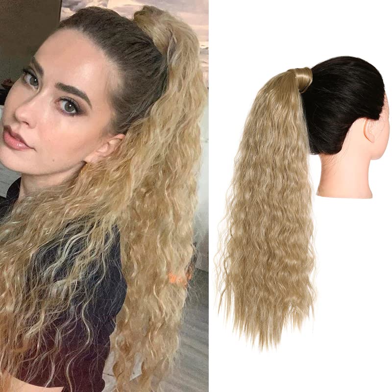 SARLA Long Curly Wavy Ponytail Hair Extension Synthetic Wrap Around Fake Pony Tail Hairpiece for Women 22 Inch Heat Resistant Fiber Ash Blonde