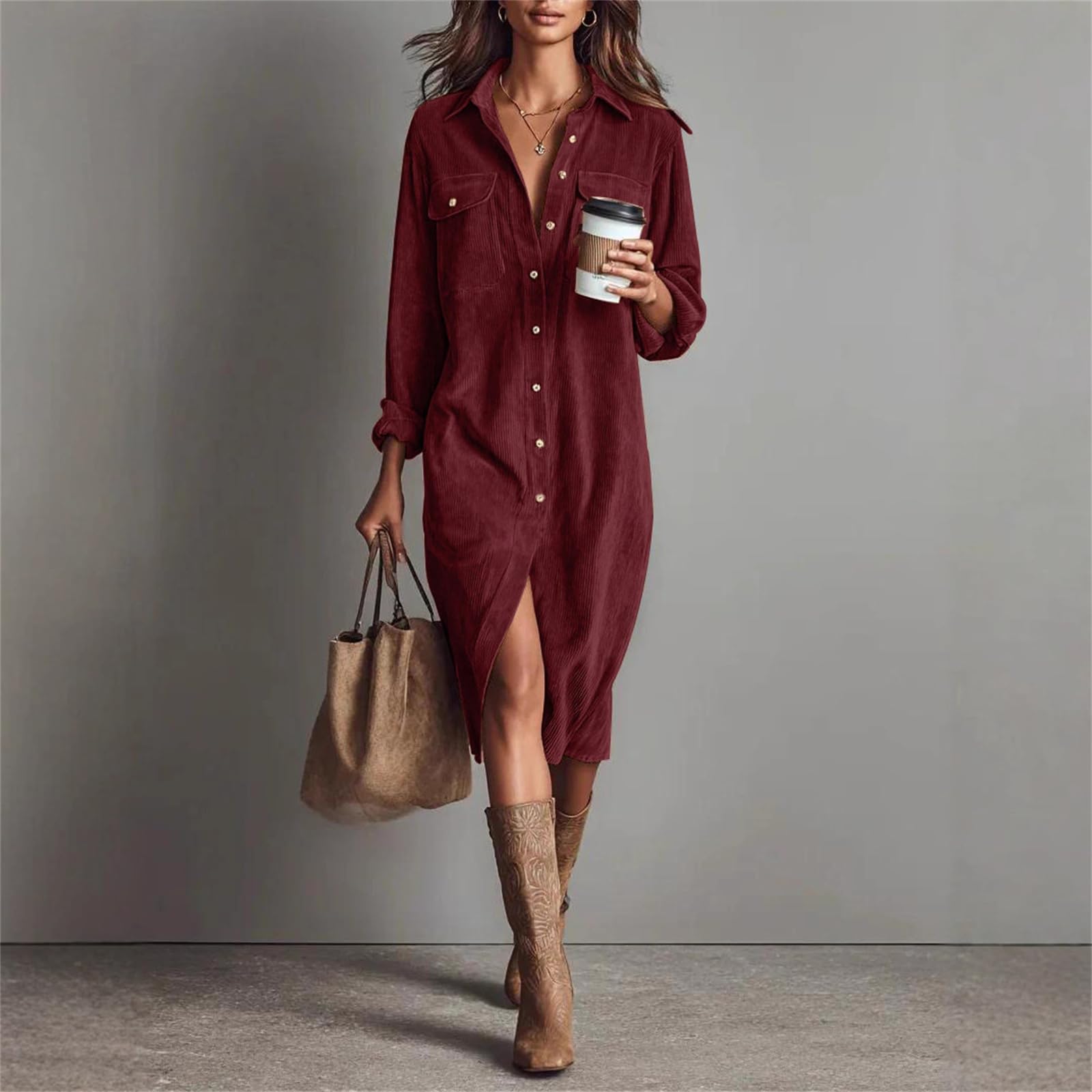 Vestido camisero de pana para mujer, estilo informal, con cuello de solapa, corte acampanado y plisado, marrón, XXL