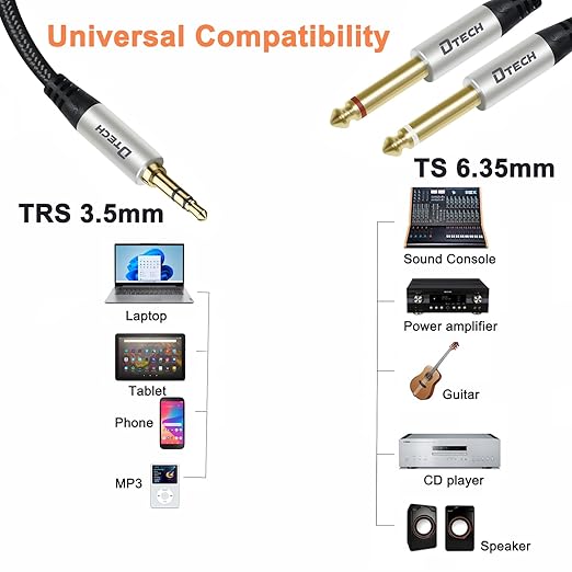 Cable adaptador DTECH 3.5mm a 6.35mm estéreo 1.5m trenzado miniatura 3