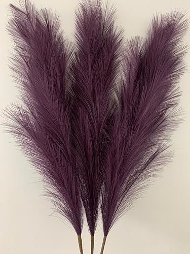 Paquete grande de hierba artificial de pampa falsa de color morado oscuro, paquete grande de 45 pulgadas, extra esponjoso, 3 tallos decorativos para