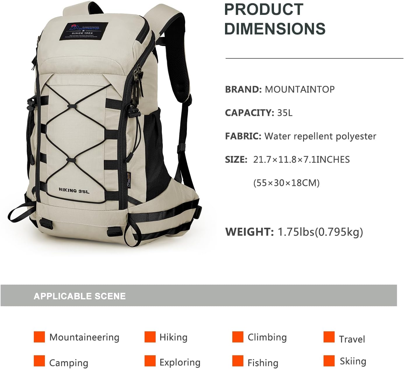MOUNTAINTOP 35L Hiking Backpack, Lightweight Outdoor Travel Camping Daypack with Rain Cover for Men & Women（White） - Image 2