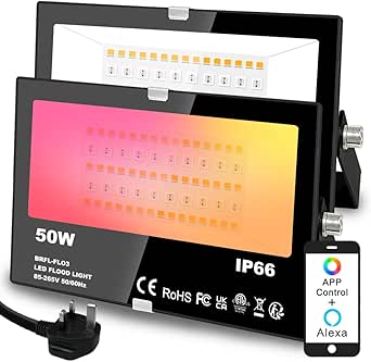 Mobri LED Floodlight Outdoor with Alexa, Smart Flood Lights Colour Changing APP Control, 50W 5000LM Bluetooth, Warm White+1600 Million RGB Colours, No WiFi No Hub, IP66 UK 3-Plug, 2 Pack