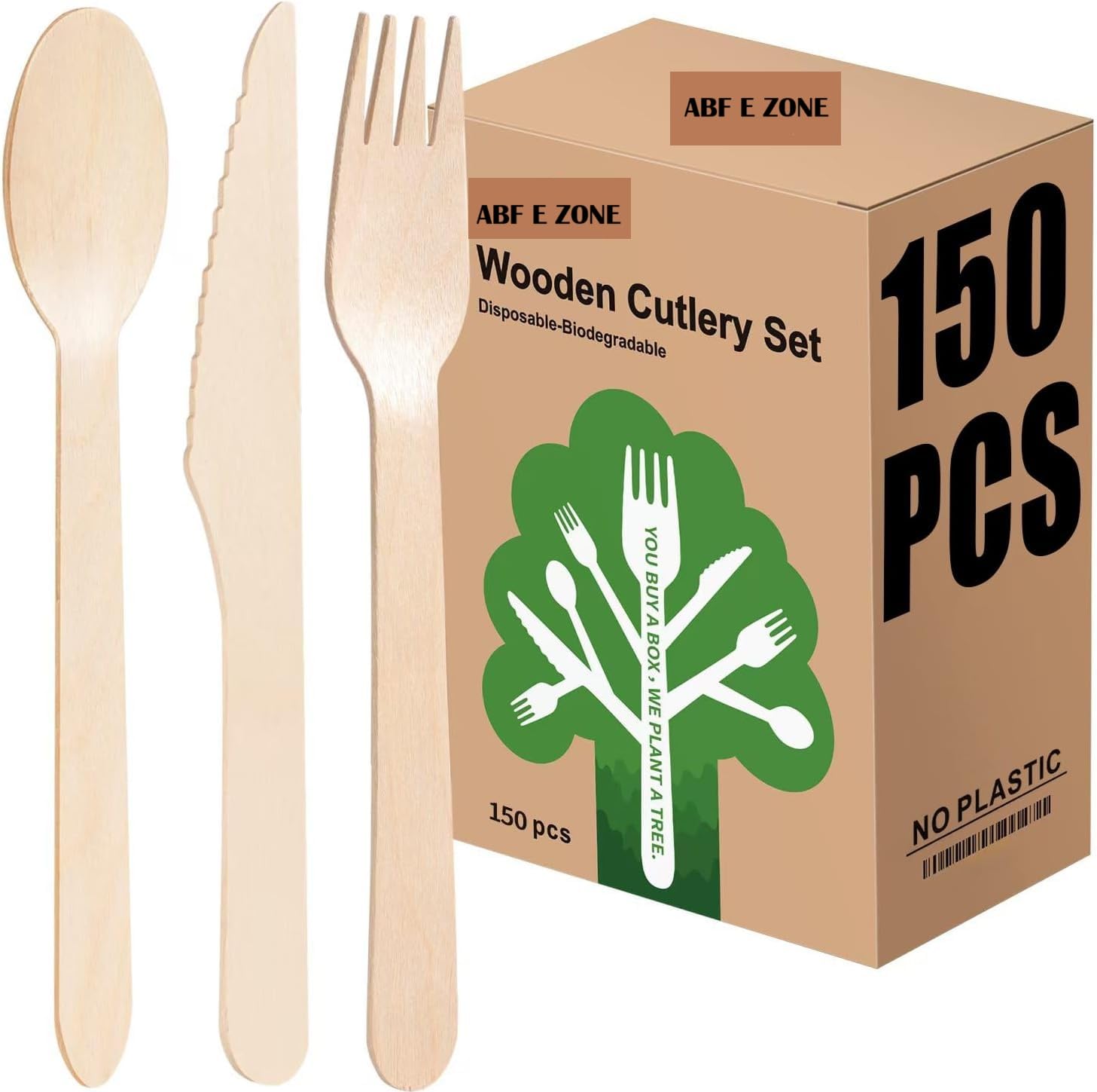 150 PCS Wooden Cutlery Set | Premium Quality 50 Spoon,50 Forks,50 Knives for Outdoor, Party & More- Disposable Cutlery Set Birchwood
