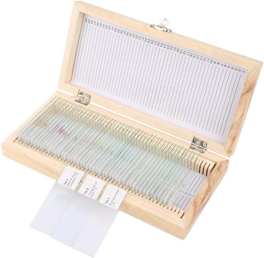Biology Microscope Prepared Slides Set - Includes Wooden Storage Box and Machine Cleaned Glass Slides - 50 Pieces Lab Specimens of Plant Animal and Tissues for Science Education