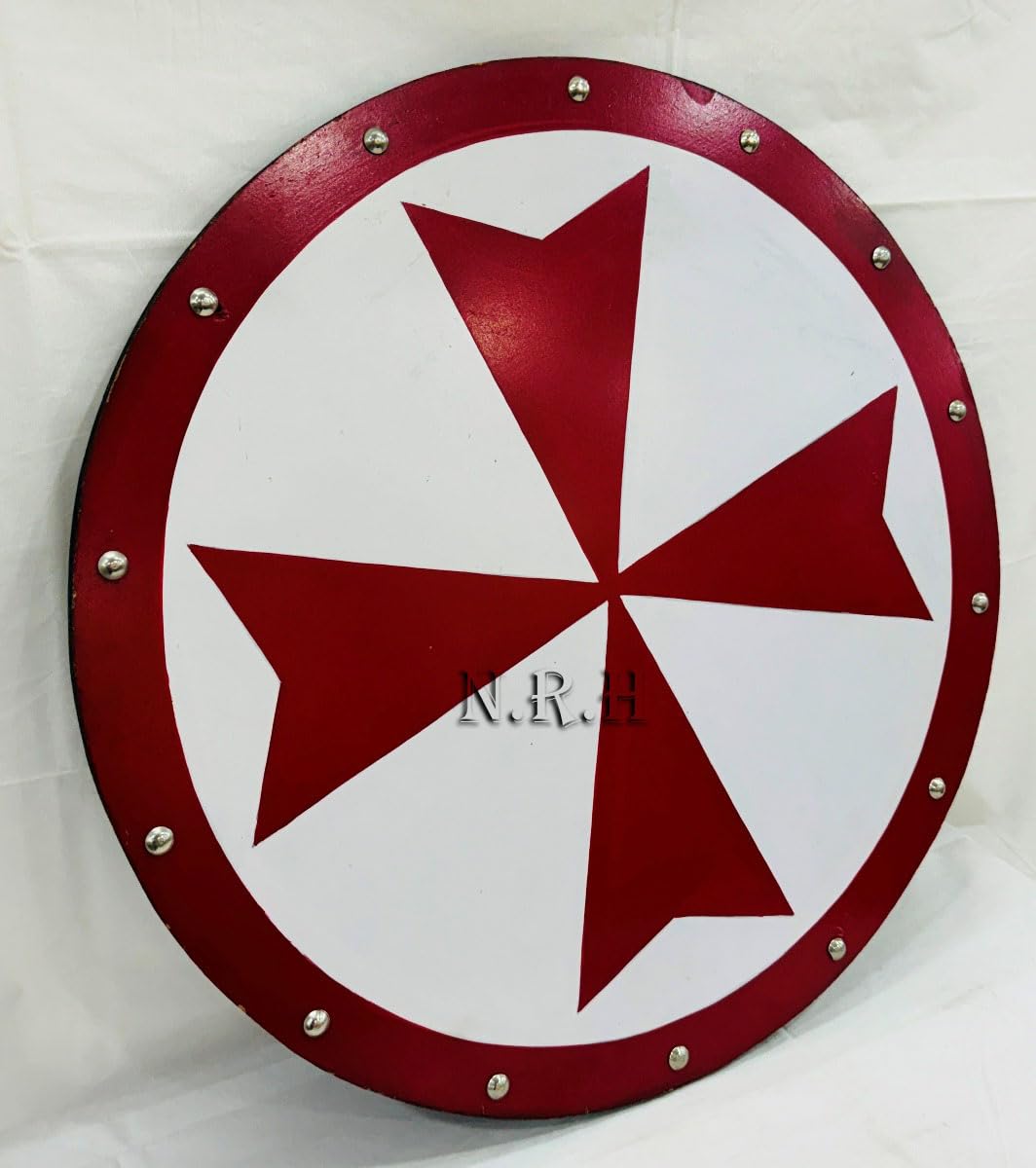 Nautical Replica Hub Medieval Wooden Templar Knights Red Cross Historical Crusader Round Shield Decoration Party Decor Costume Gifts