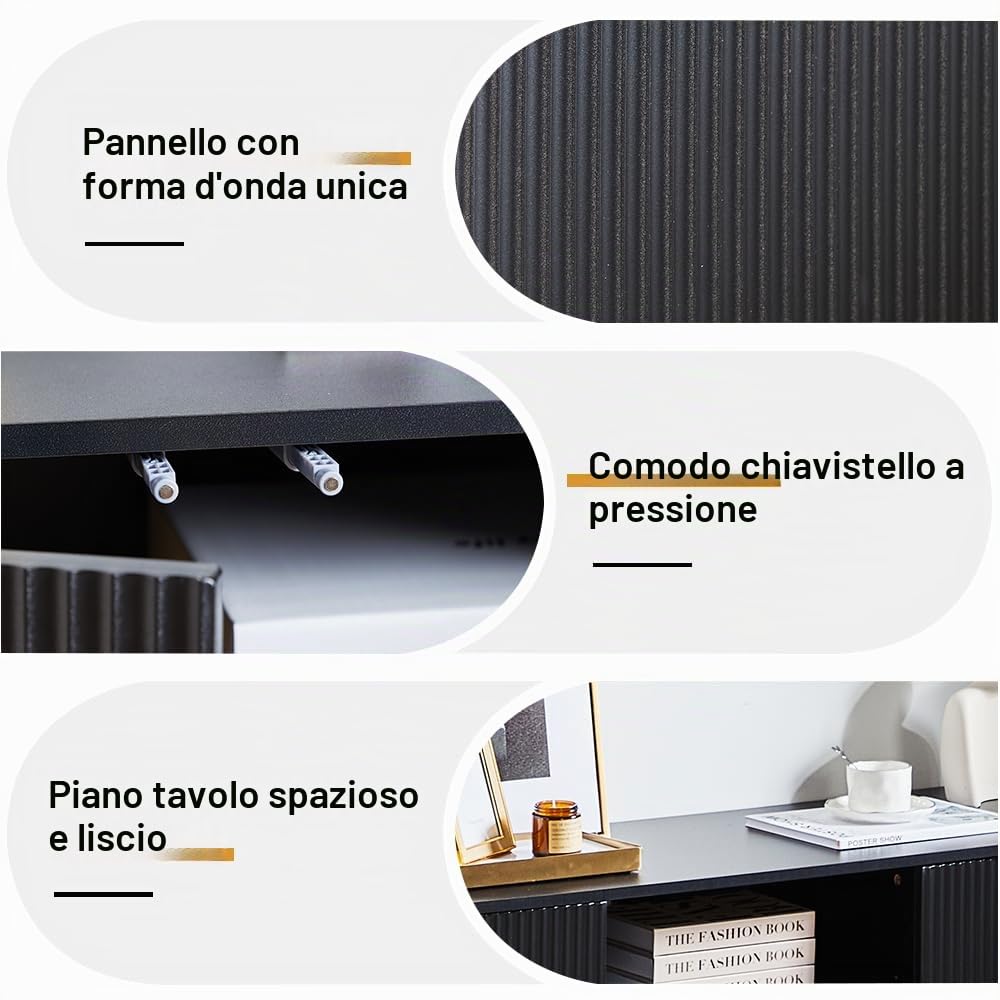 Supporto per TV da 148 cm, con cassetti laterali ondulati e ripiani regolabili, passacavi nascosti e superficie in legno liscia, mobili per l'intrattenimento per il soggiorno