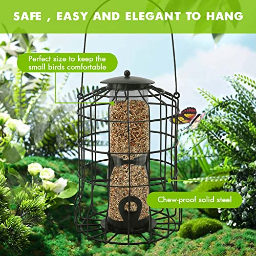 Hanging Caged Bird Feeder, Metal Bird Feeders 1.5Lb Capacity With Transparent Reservoir/ 4 Feed Ports/S Hook/Cleaning Brush Fits Outdoor Garden Small Birds (Black) #TOP6