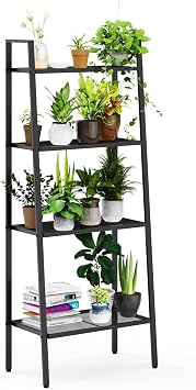 STERREN Black Plant Stand, 4 Tier Metal Ladder Shelves, Large Leaning Storage Shelf Bookcase Multiple Flower Pot Holder for Bedroom Bathroom Living Room