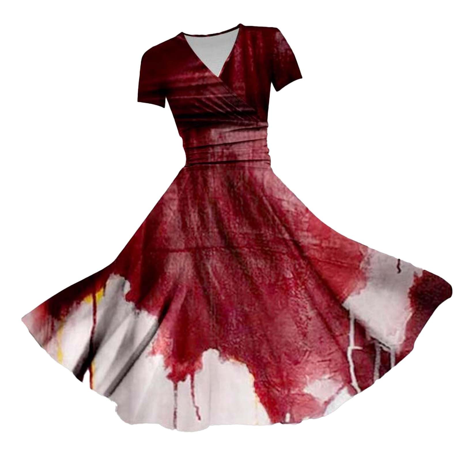 HUIFUAO Halloween Dresses for Women Scary Bloody Fancy Dress Plus Size Halloween Costumes V Neck Short Sleeve Party Evening Horror Festival Cosplay Outfits Clothes (Z02 Red #2, XL)