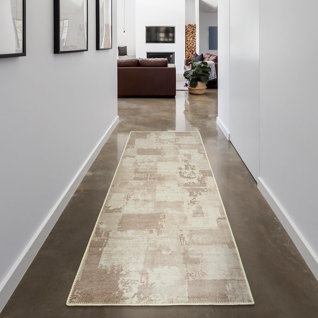 GLN Rugs Contemporary Collection - Machine Washable Area Rug, Contemporary Washable, Non Slip, Low Pile Chenille Rug, Living Room, Bedroom, Kitchen Rug (2'6" x 10' Abstract Tan)