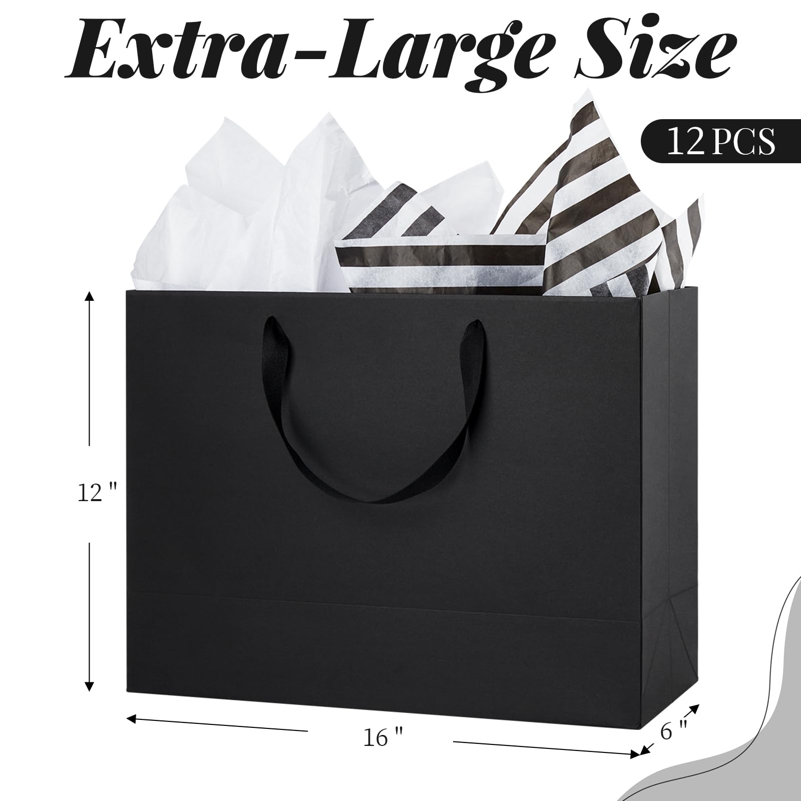 Ohuimrt 12-Count Extra Large Black Gift Bags with Tissue Paper, 16x6x12 Inch Premium Matte Black Paper Bags with Handles for Party Shopping Birthday Wedding