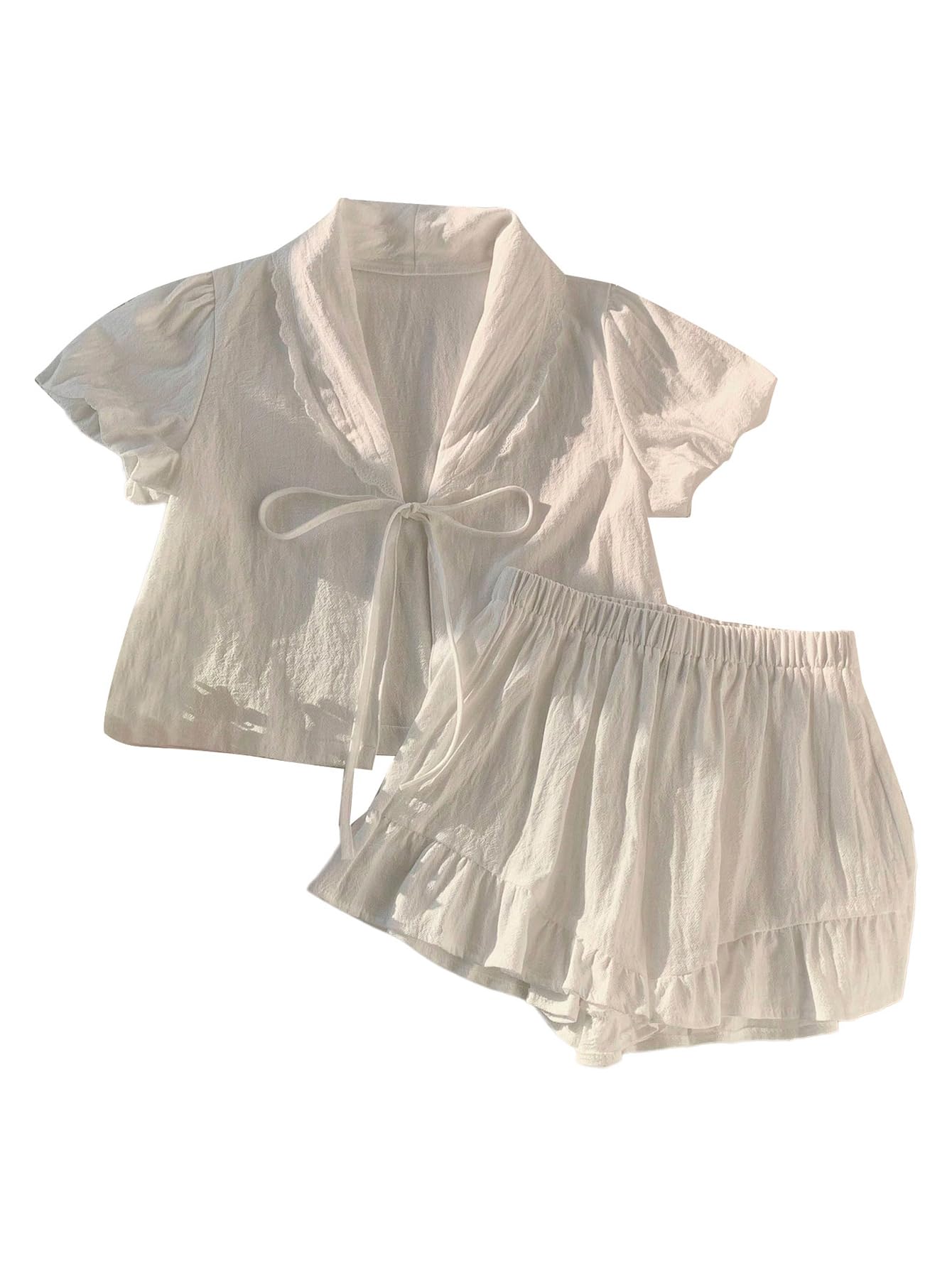 SHENHE Women's 2 Piece Outfits Tie Front Puff Sleeve V Neck Bow Blouse and Ruffle Shorts Set