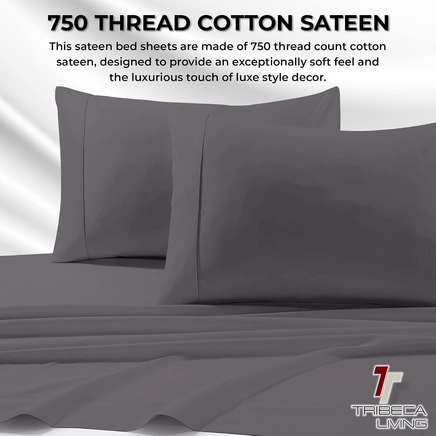 Tribeca Living Queen Bed Sheet Set, Soft Cotton Sateen Solid Sheets and Pillowcase Set, Extra Deep Pocket, 750 Thread Count, 4-Piece Luxury Bedding, Grey