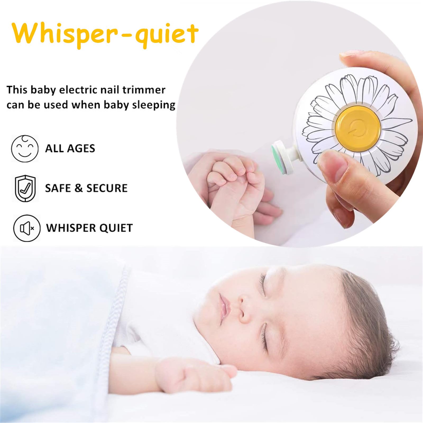 Cortauñas para bebé, cortaúñas eléctrico para bebé, seguro para recién nacidos, niños pequeños, adultos, cuidado de uñas, kit de esmalte de 6 cabezales de molienda, funciona con pilas AAA (pilas no