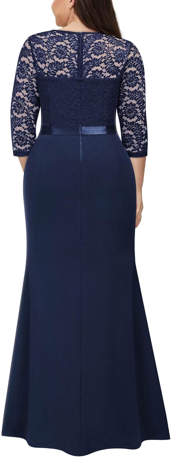 Miusol Women's Plus Size Vintage Formal Floral Lace Ruffle Slit V Neck Evening Party Elegant Maxi Dress - Image 2