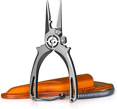 GOMEXUS Fishing Pliers Saltwater with Side Cutters, Never Rust Inshore & Nearshore Titanium Fishing Gear with Lanyard & Leather Sheath, Hook Remover, Straight Nose, 7 INCHES