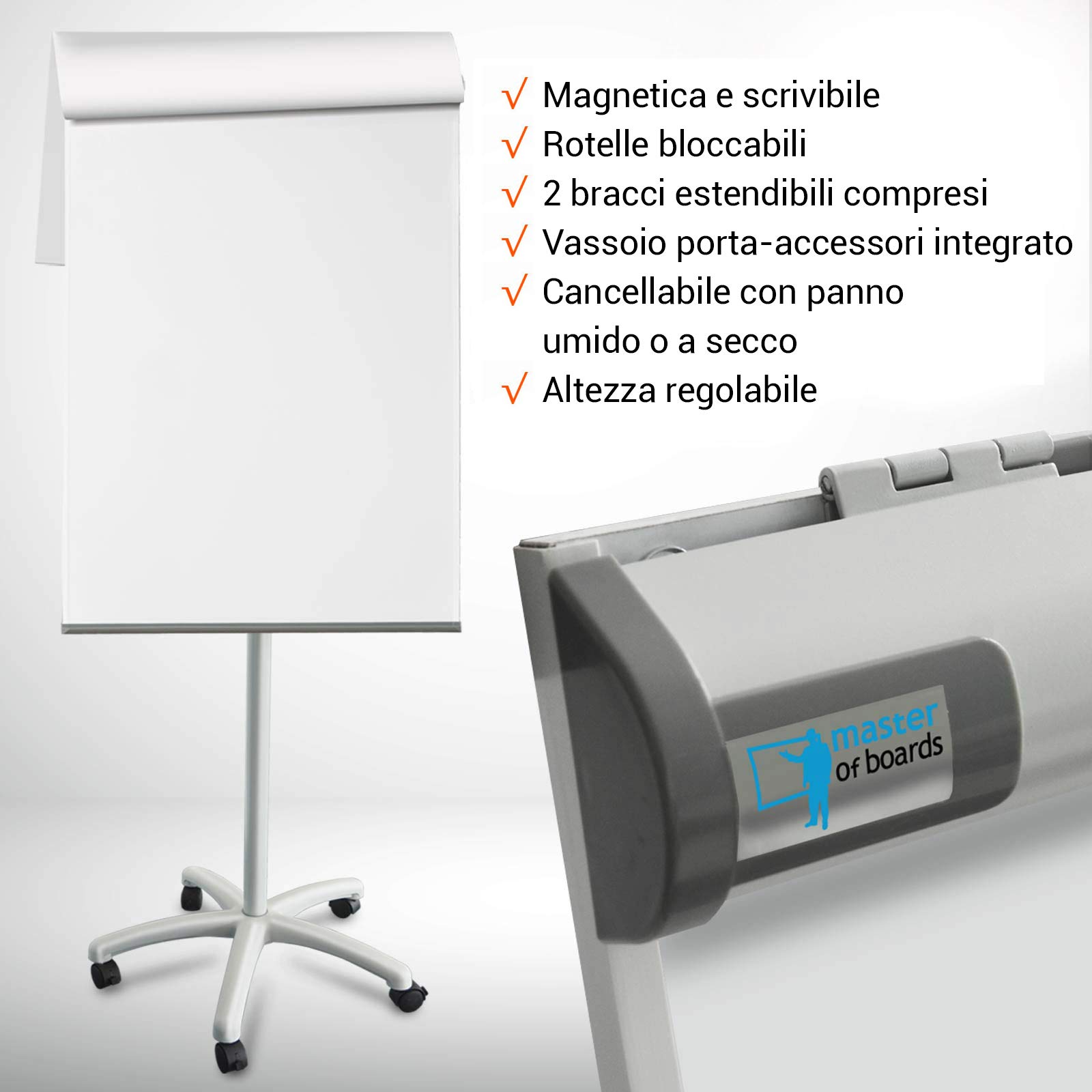 Lavagna Fogli Mobili - Lavagna Magnetica con Cavalletto a Rotelle Bloccabili, Lavagna Portablocco, Doppia Funzione ed Altezza Regolabile fino a 225 cm - Pirania