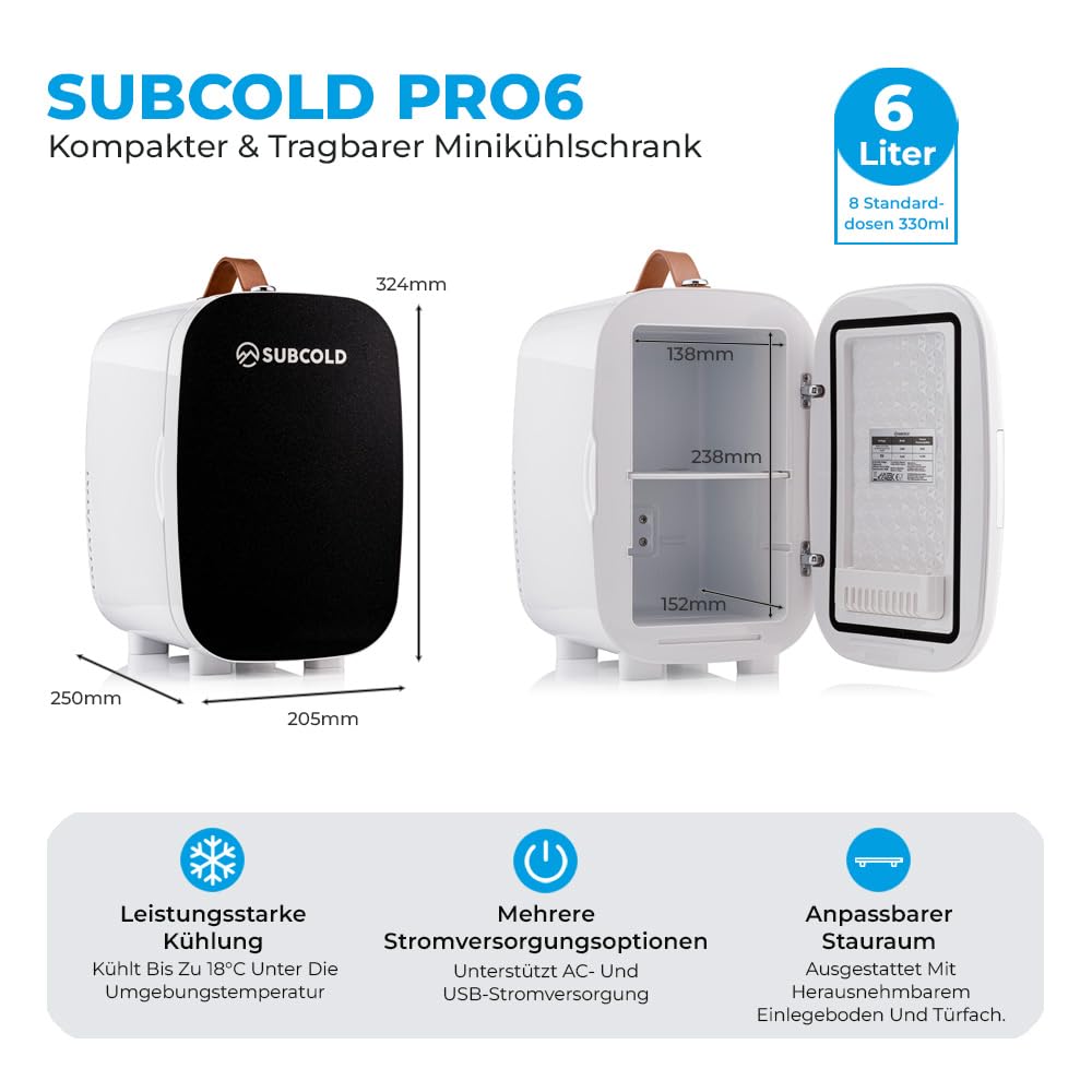 Subcold Pro6 Luxus Mini Kühlschrank Kühler 6 Liter / 8 Dosen AC & Exklusive USB Power Option Kleiner tragbarer Kühlschrank für Büro, Schlafzimmer, Auto, Hautpflege & Kosmetik Schwarz