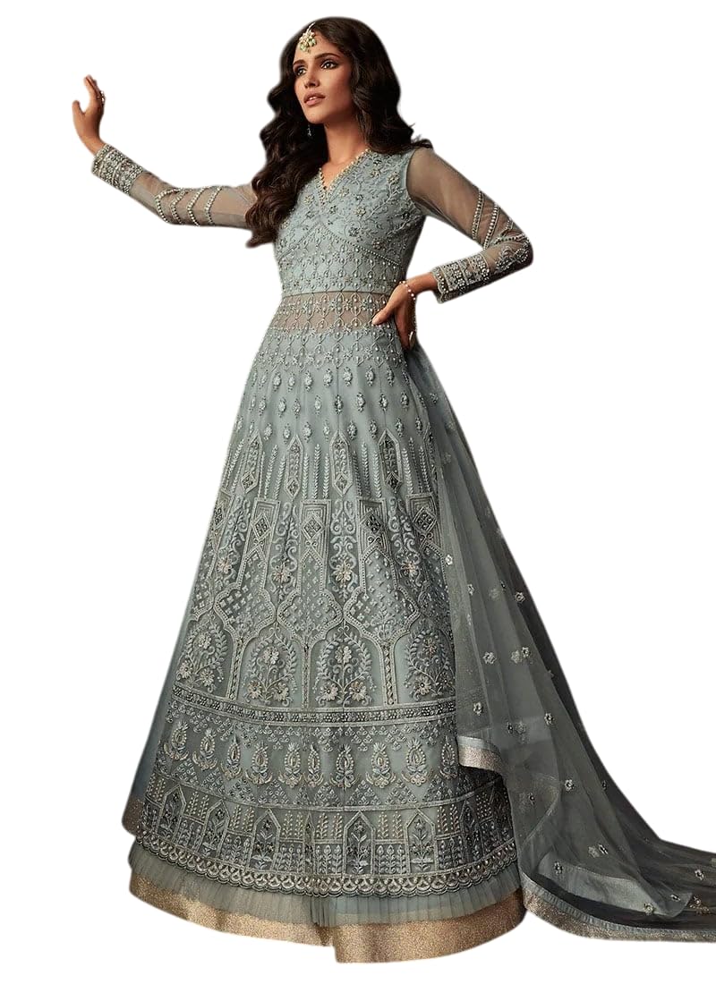 Women's Grey Net Long Choli A Line Lehenga-image-44