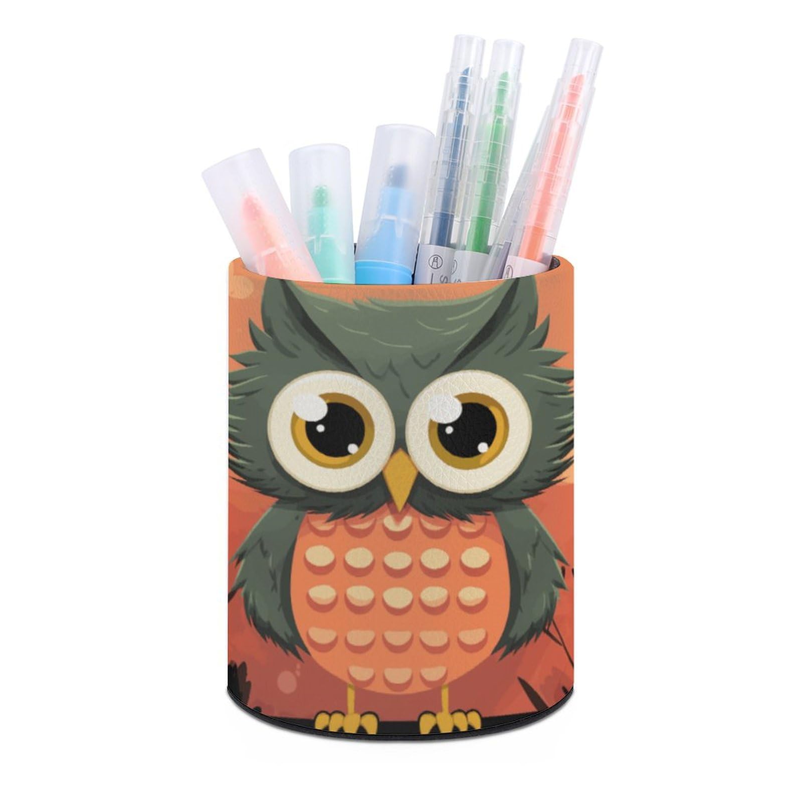 JTREHY Round Pen Holder,Cartoon Owl on Orange Background Printed Makeup Brush Storage Box for Home Office Dressing Table