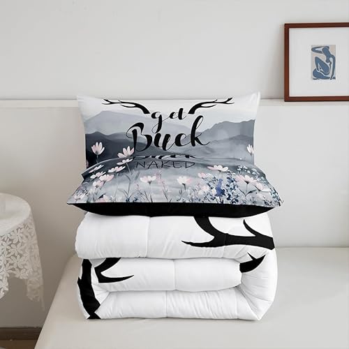 Miniatura 5 de Juego de edredón de cornamentos, juego de ropa de cama tamaño Queen con ciervos y alces para niños y niñas, edredón de ciervo, ciervo, flores de