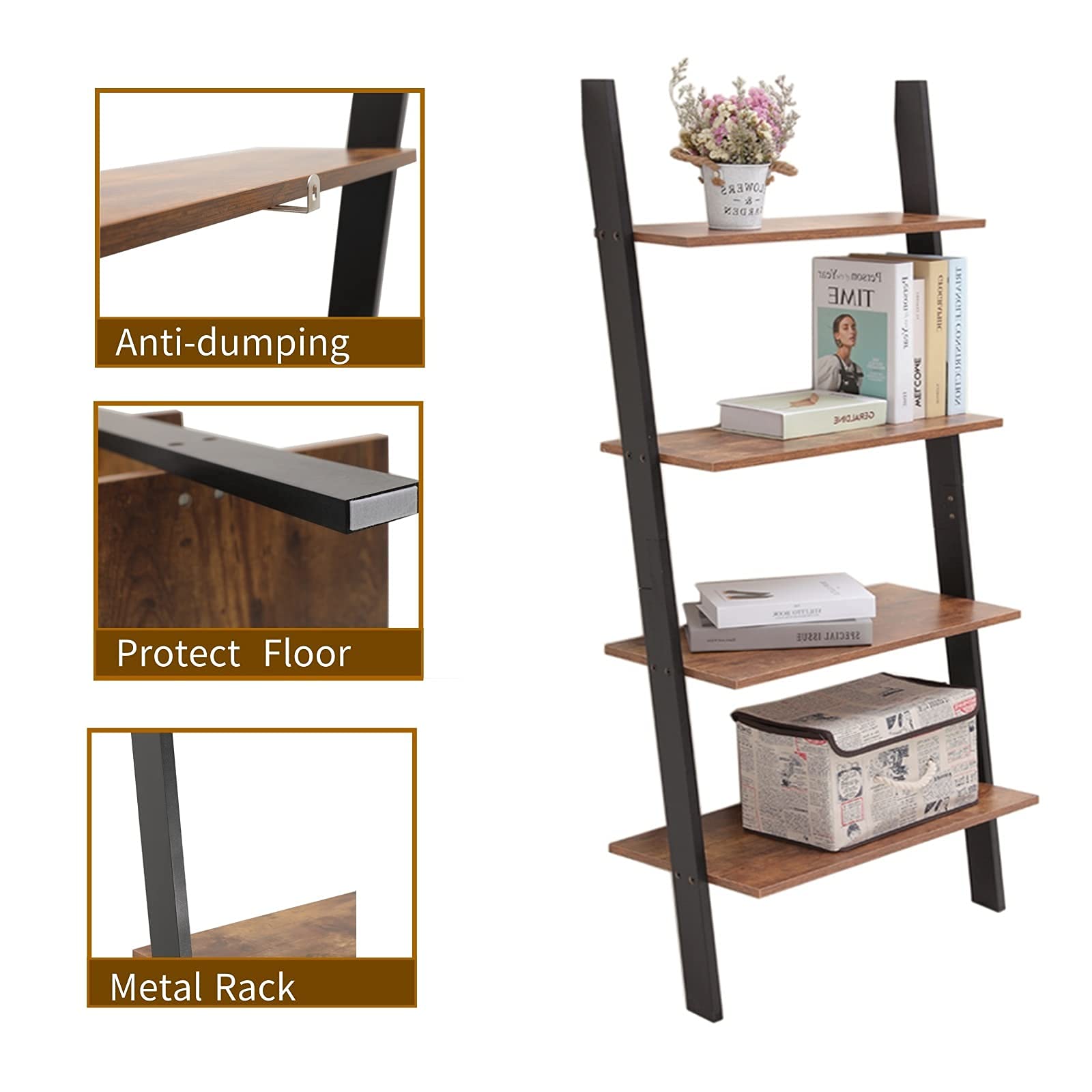 IWELL Ladder Shelf, 4Tier Leaning Shelf, Leaning Bookshelf for Living