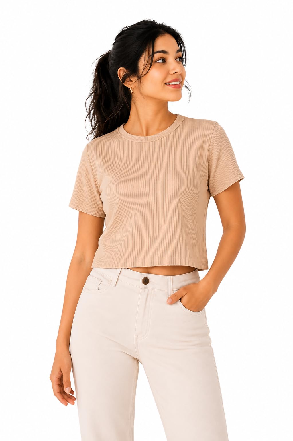 SHEYARA Women's Ribbed Crop T-Shirt | Premium Durby Fabric | Half Sleeve Round Neck Casual Stretch Crop Top-picture-51