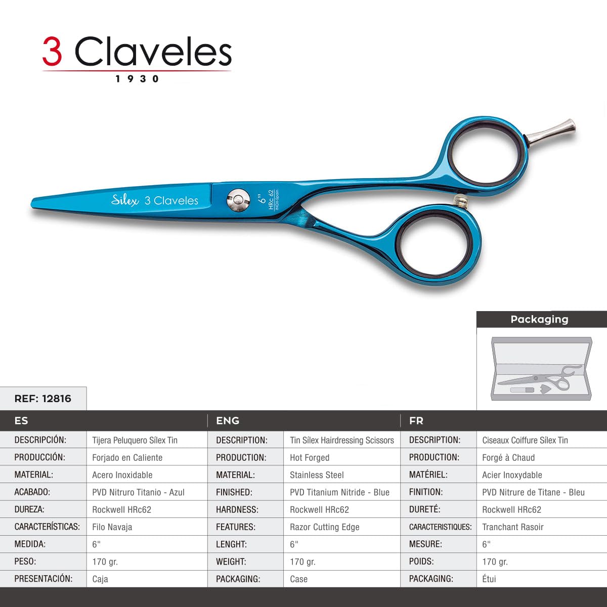 3 Claveles Sílex - Tijera de peluquero de corte 6", recubrimiento nitruro titanio azul, tijera peluquería dedales ergonómicos, con apoyadedos