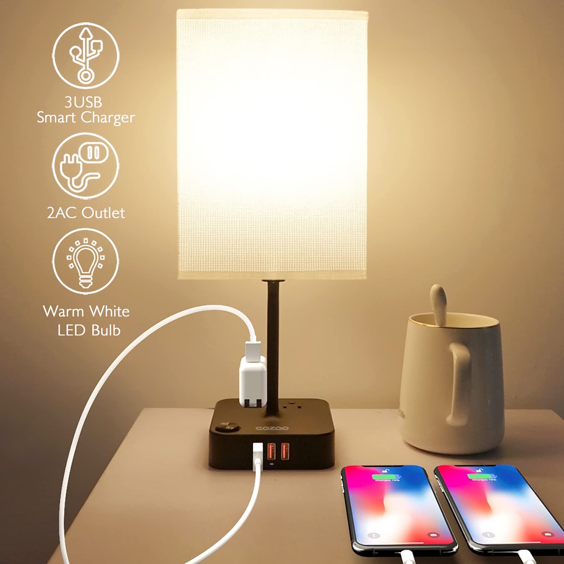 COZOO USB Bedside Table Desk Lamp with 3 USB Charging Ports and 2 Outlets Power Strip,Black Charger Base with White Fabric Shade, LED Light for Bedroom/Nightstand/Living Room (White-large)