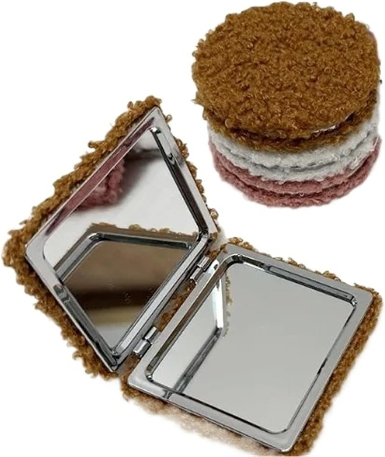 Plush Portable Makeup Mirror Beauty Cartoon Handheld Plush Small can be Folded on Both Sides(Black)